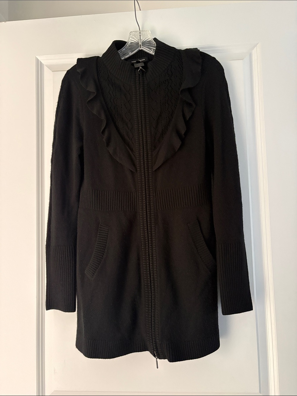 Nanette Lepore Black Ruffle-Trim Zip Cardigan Sweater sz S